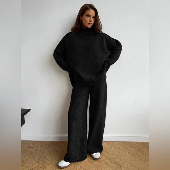 2-Piece Relaxed Fit Cozy Black Turtleneck Sweater and Wide Leg Pants Set - Picture 1 of 7